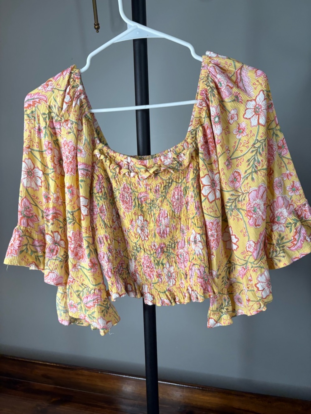 Billabong Yellow Floral Smocked Off-Shoulder Crop Top